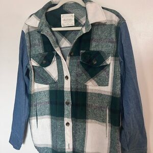 Altar'd State Green and White Plaid Jacket with Blue Denim Sleeves